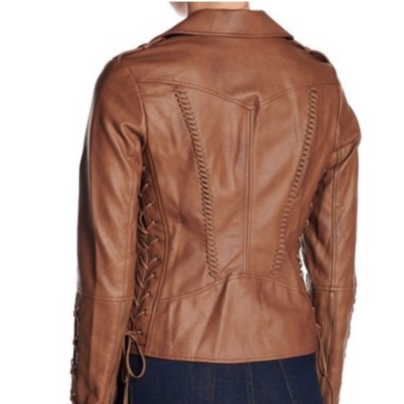 Coffee Shop Faux Leather Vegan Jacket Boho Moto Lace Up Ties Brown Sz L - Picture 2 of 14